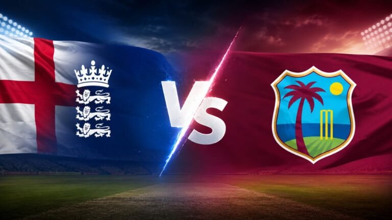England vs West Indies cricket rivalry banner featuring both national team flags with a dramatic VS symbol in a floodlit cricket stadium.
