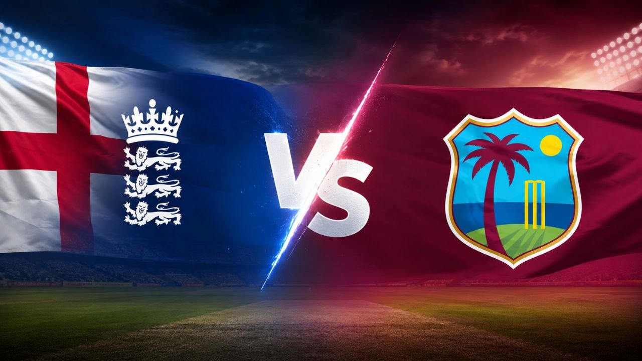 England vs West Indies cricket rivalry banner featuring both national team flags with a dramatic VS symbol in a floodlit cricket stadium.