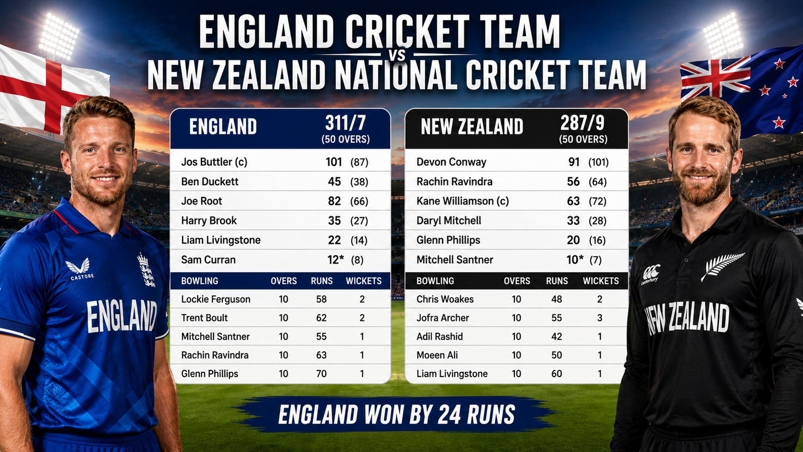 England Cricket Team vs New Zealand National Cricket Team Match Scorecard