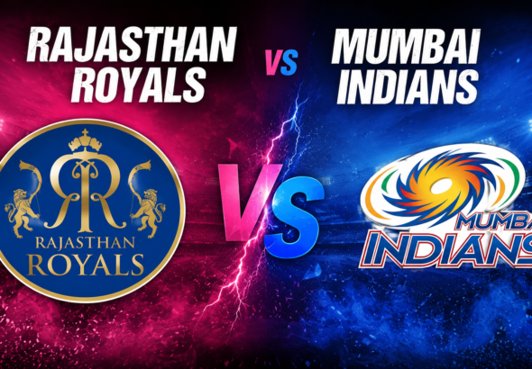 Rajasthan Royals vs Mumbai Indians IPL match banner featuring both teams before the contest.