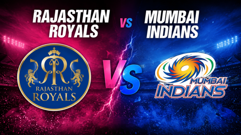 Rajasthan Royals vs Mumbai Indians IPL match banner featuring both teams before the contest.